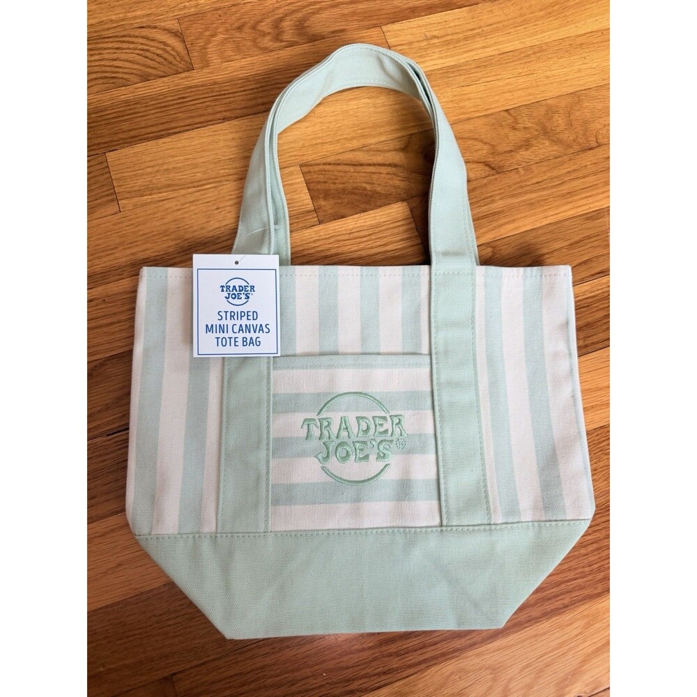 Trader Joe's Striped Mini Tote Bag Mint Green/White Inner Pockets Embroidered